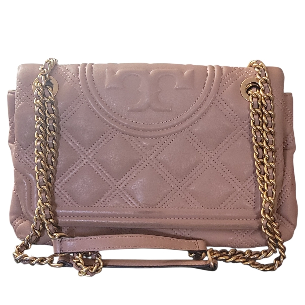 Tory Burch Quilted Leather Shoulder Bag in Blush Pink with Gold Chain